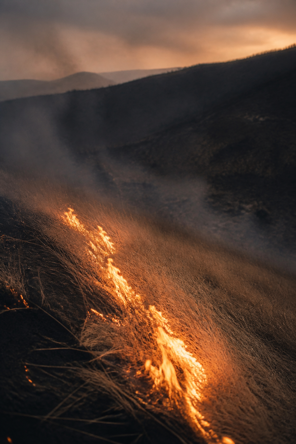 A controlled line of flame and embers moving through mountain grass at dusk
