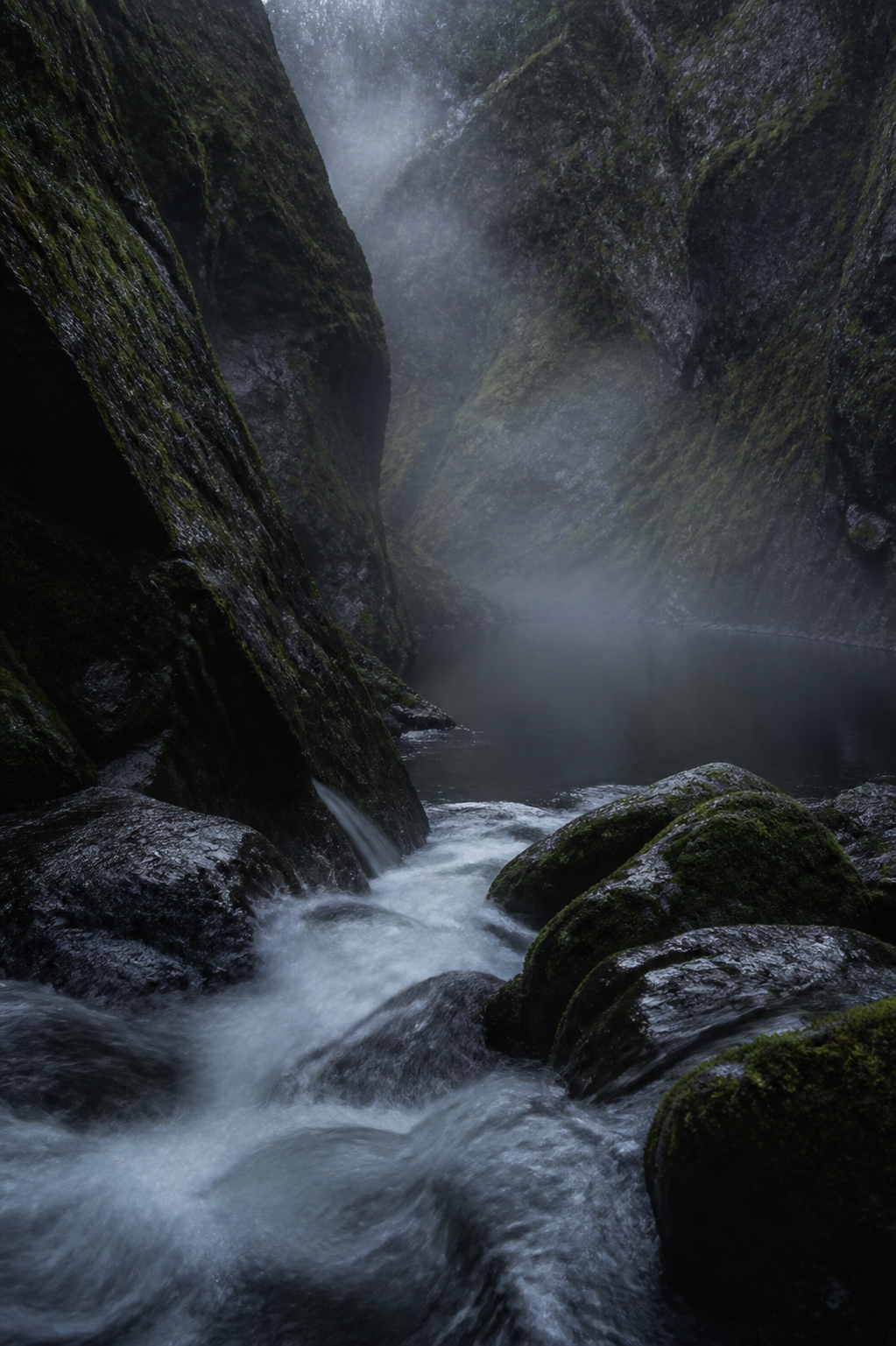 Dark river descending through a moss-lined gorge into a still pool