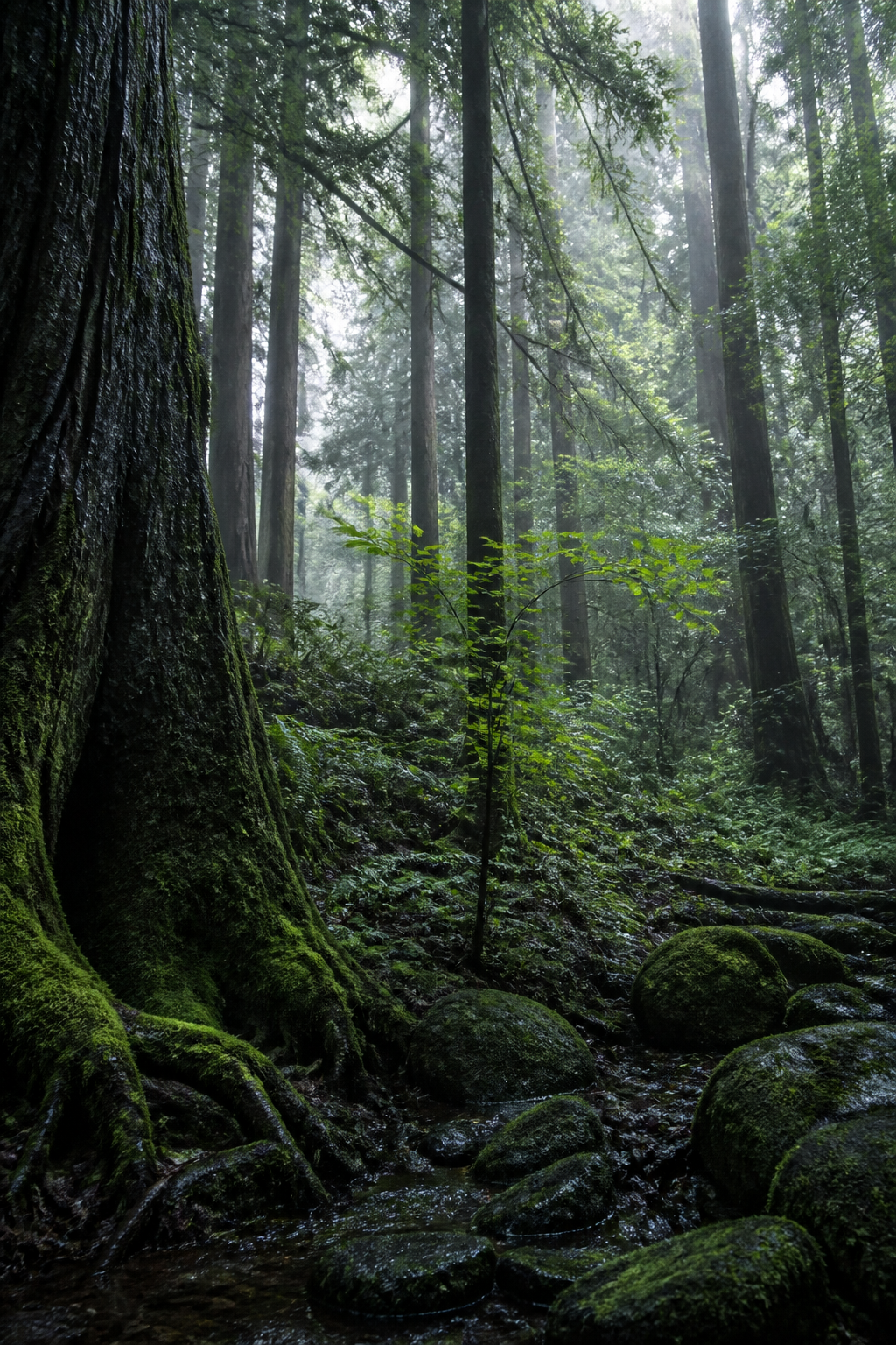 Rain-dark ancient forest with moss, young shoots, and a branching canopy